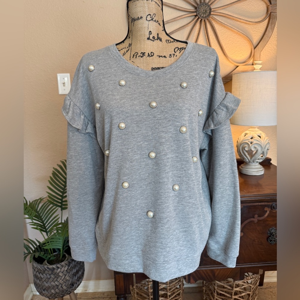 C Gray Pearl-Studded With Ruffle Detail French Terry Top